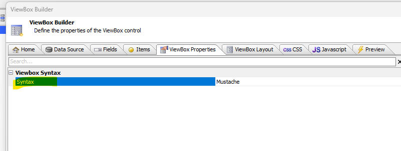 ViewBox properties showing the Mustache syntax option enabled.